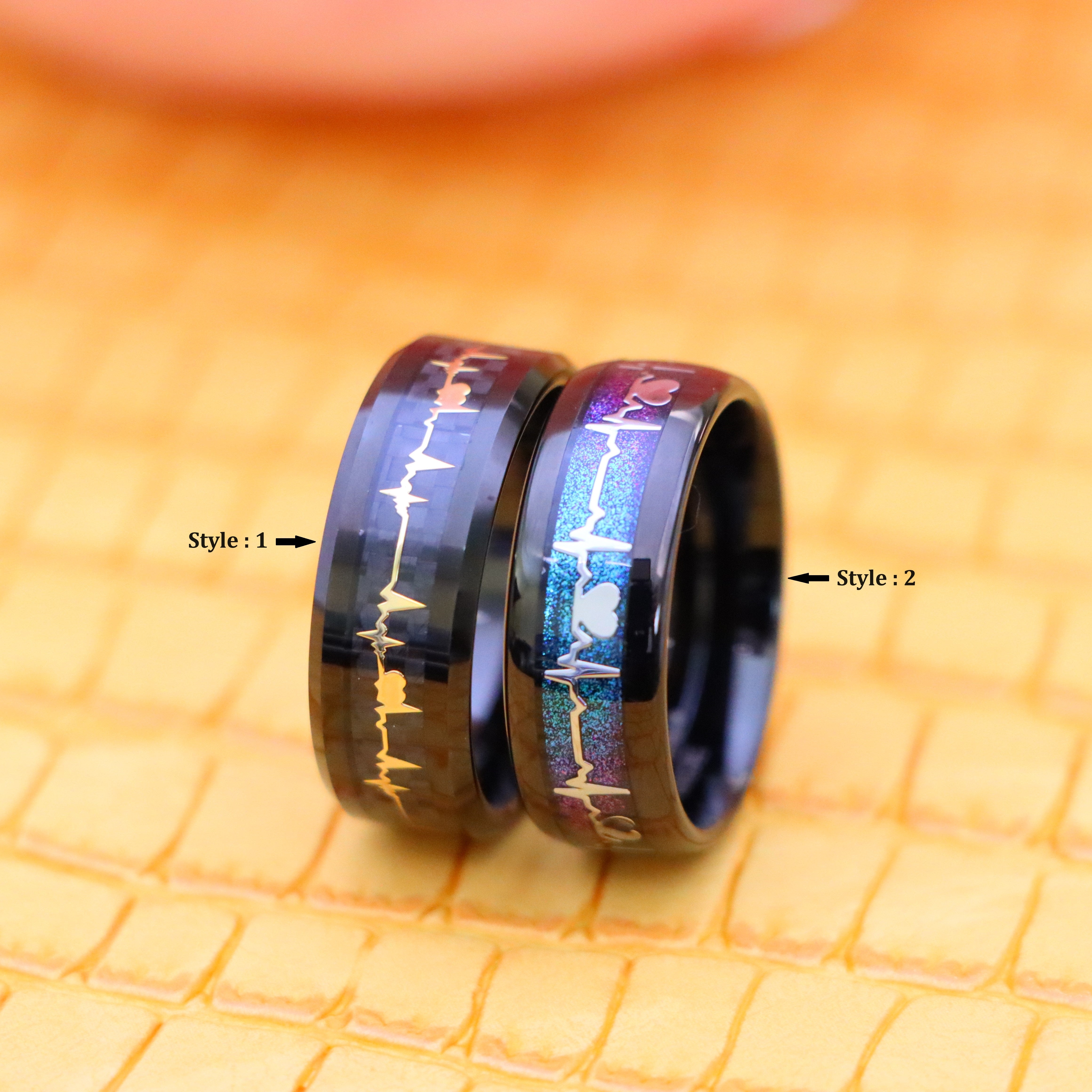 8mm Black IP Plated with Rainbow LGBTQ Gradient &amp; EKG Cutout / Yellow IP EKG Heartbeat Inlay Tungsten Ring