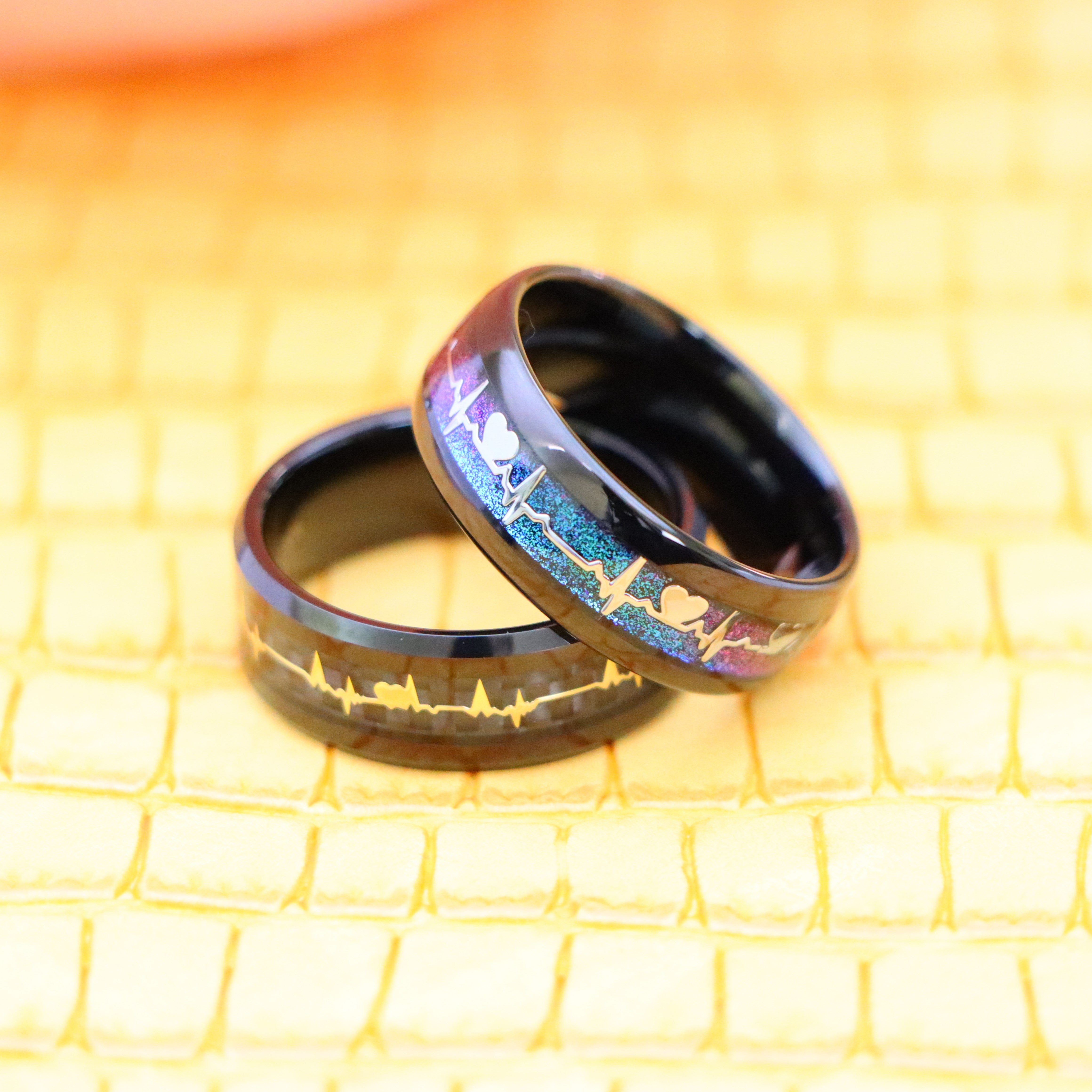 8mm Black IP Plated with Rainbow LGBTQ Gradient &amp; EKG Cutout / Yellow IP EKG Heartbeat Inlay Tungsten Ring