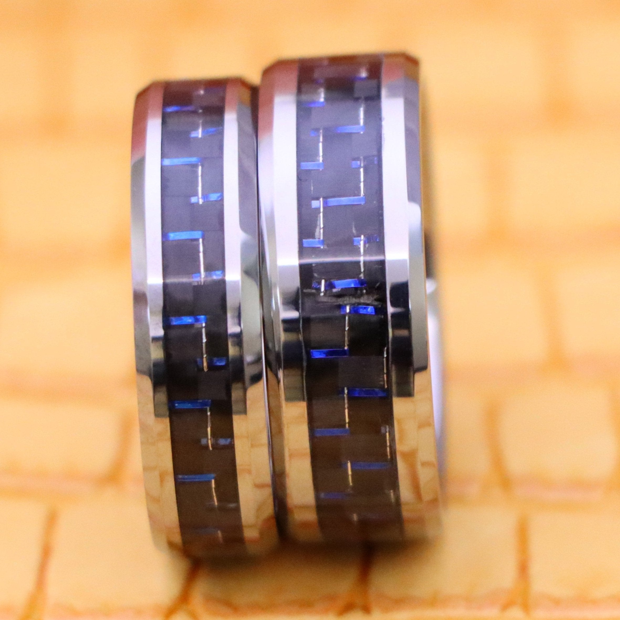 Black &amp; Blue Carbon Fiber Inlay Tungsten Ring