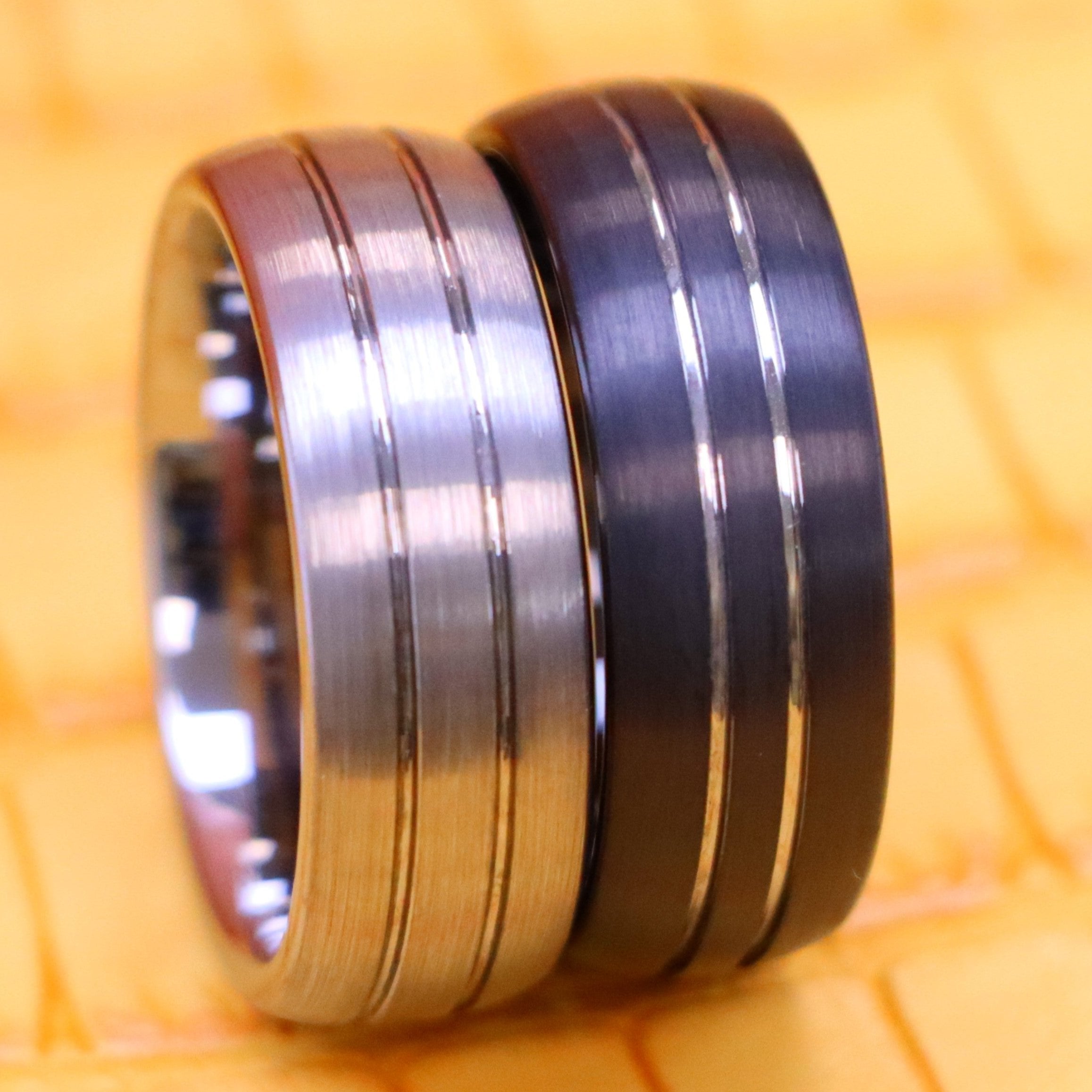 8mm Domed Silver / Black IP Plated Double Striped Center Tungsten Ring