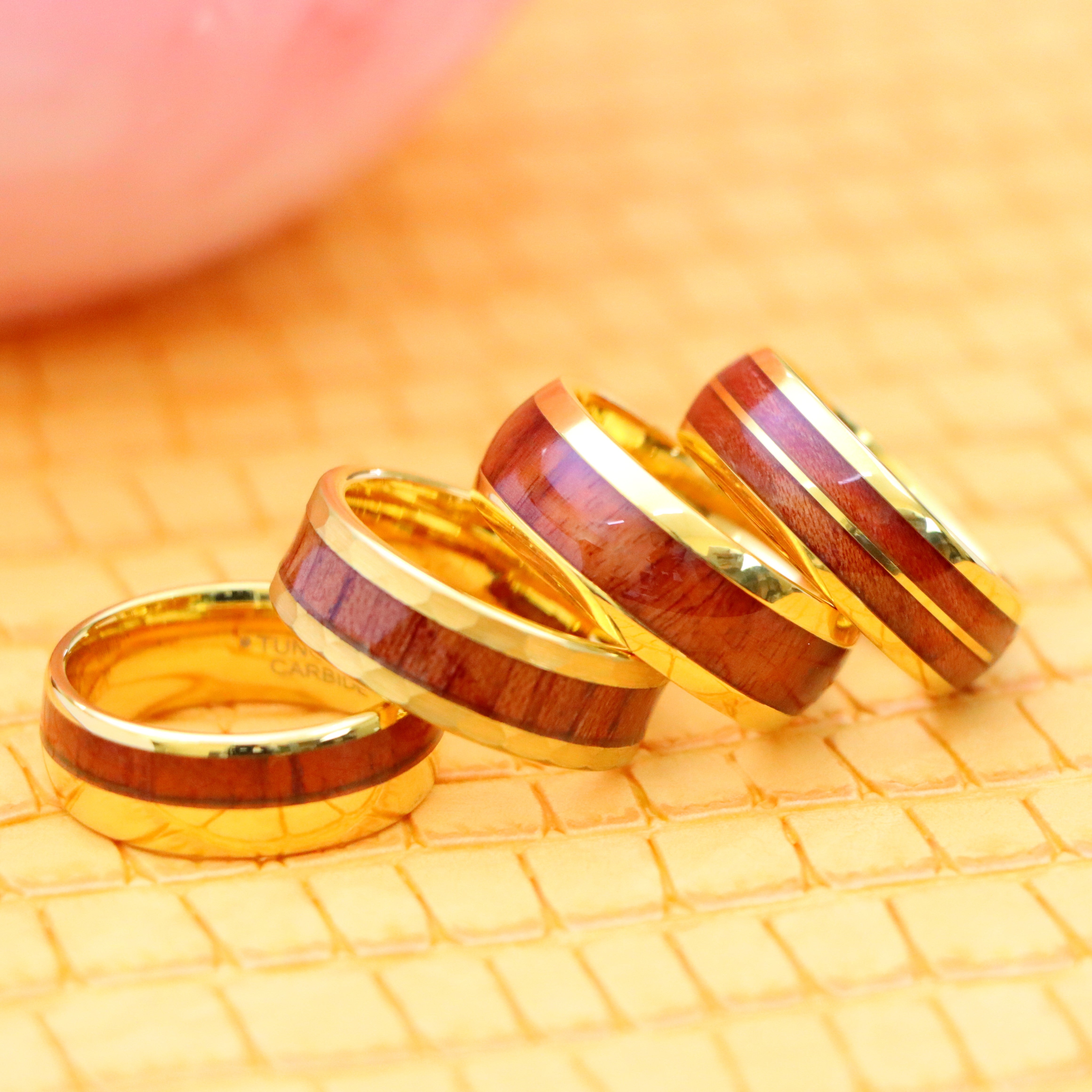 9 & 8 mm Yellow Gold IP Koa Wood Inlay Tungsten Ring