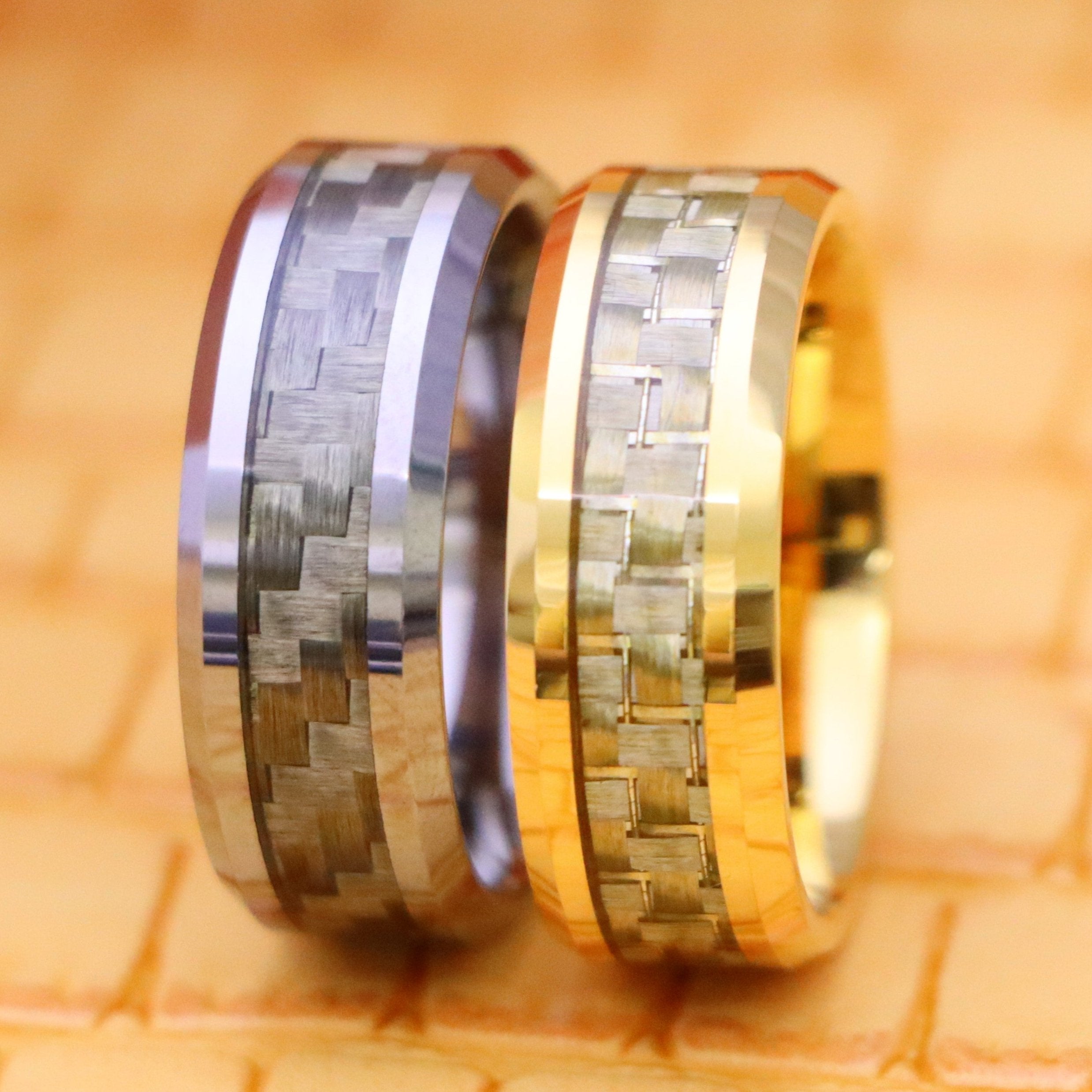 8mm Yellow Gold/Silver Plated High Polish with Golden/White Carbon Fiber Inlay Beveled Edge Tungsten Ring