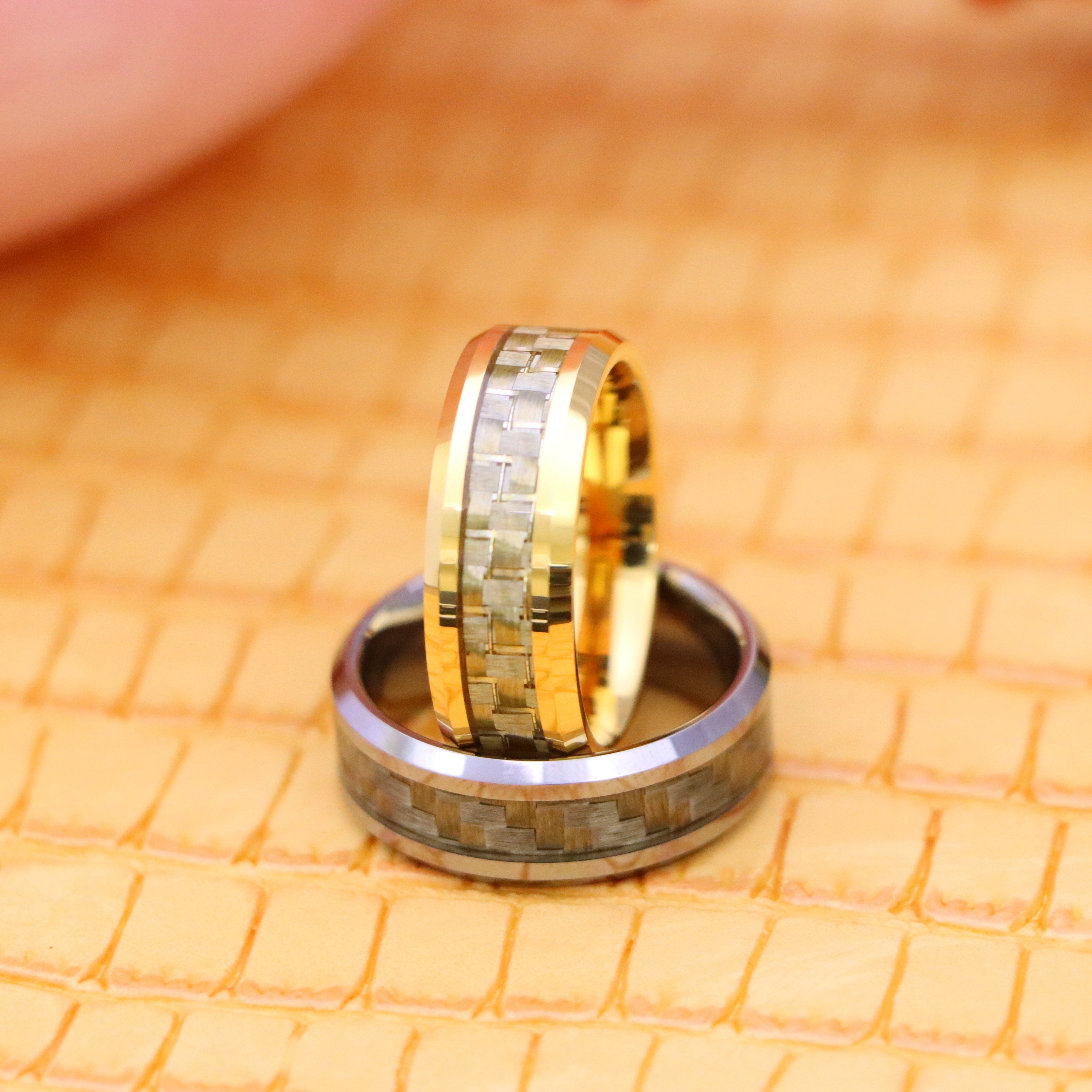 8mm Yellow Gold/Silver Plated High Polish with Golden/White Carbon Fiber Inlay Beveled Edge Tungsten Ring