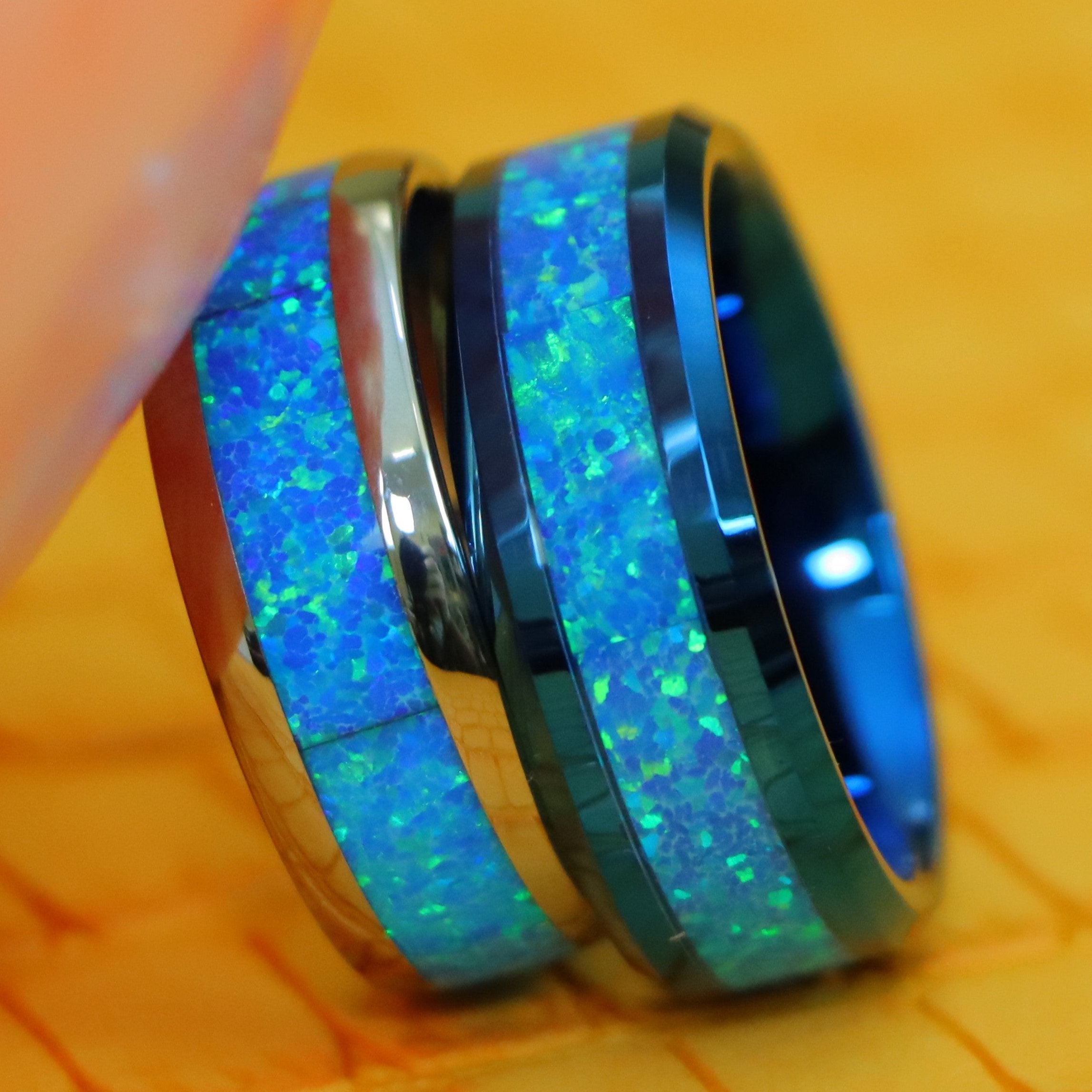 8mm Blue/Silver IP Plated with Synthetic Blue Green Opal Inlay Tungsten Ring