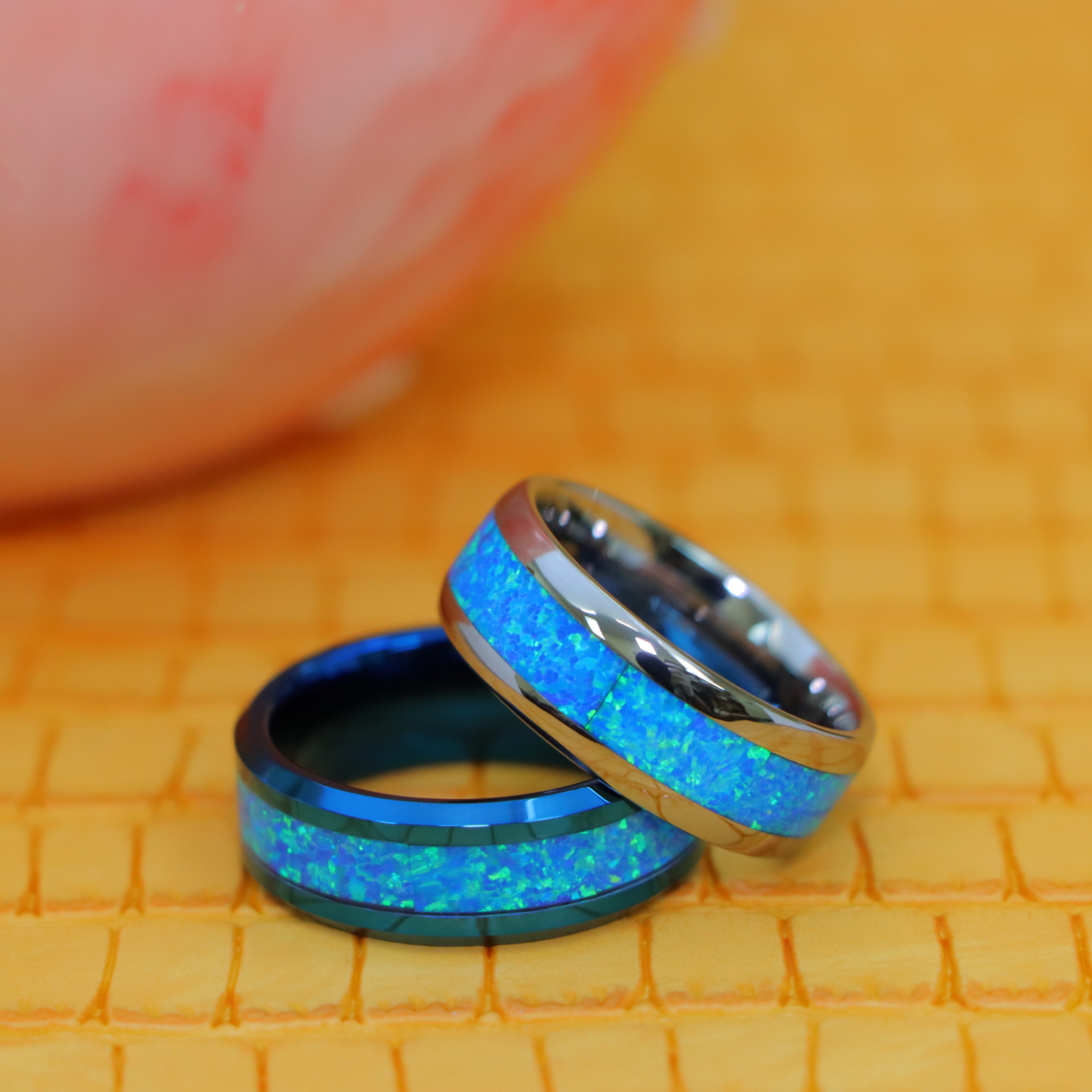 8mm Blue/Silver IP Plated with Synthetic Blue Green Opal Inlay Tungsten Ring