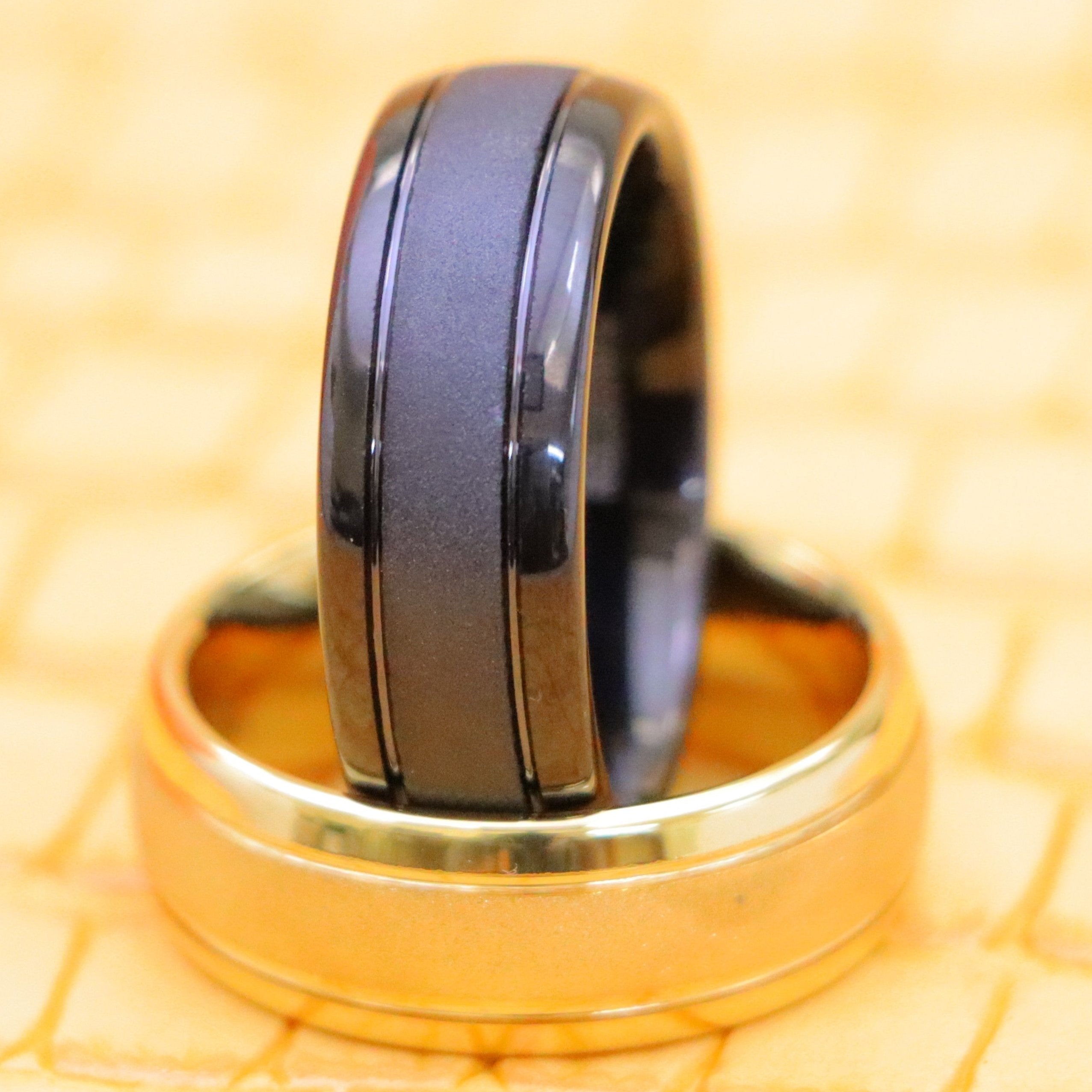 Yellow Gold IP/Black IP Sandstone Finish Tungsten Ring