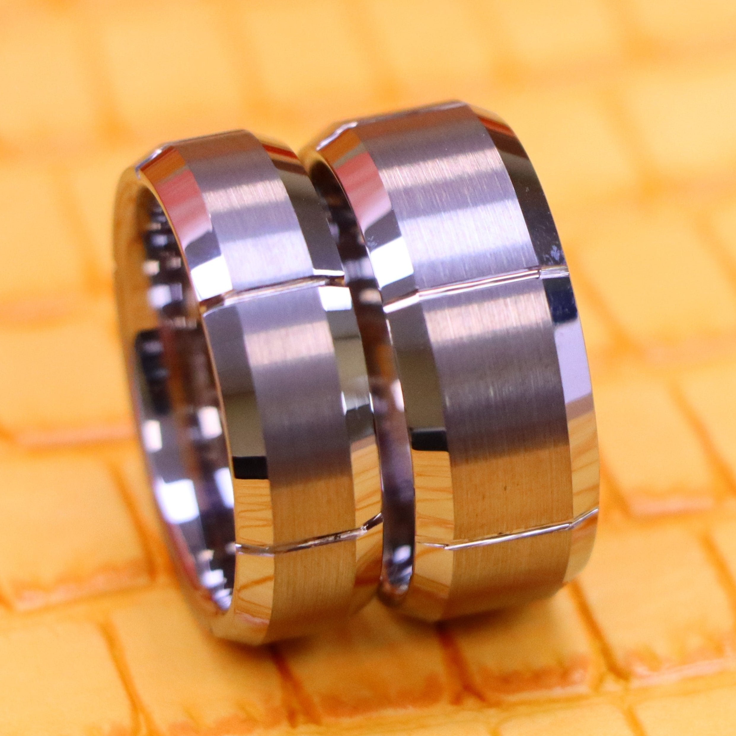 Multiple Vertical Grooves Brushed Center Tungsten Ring