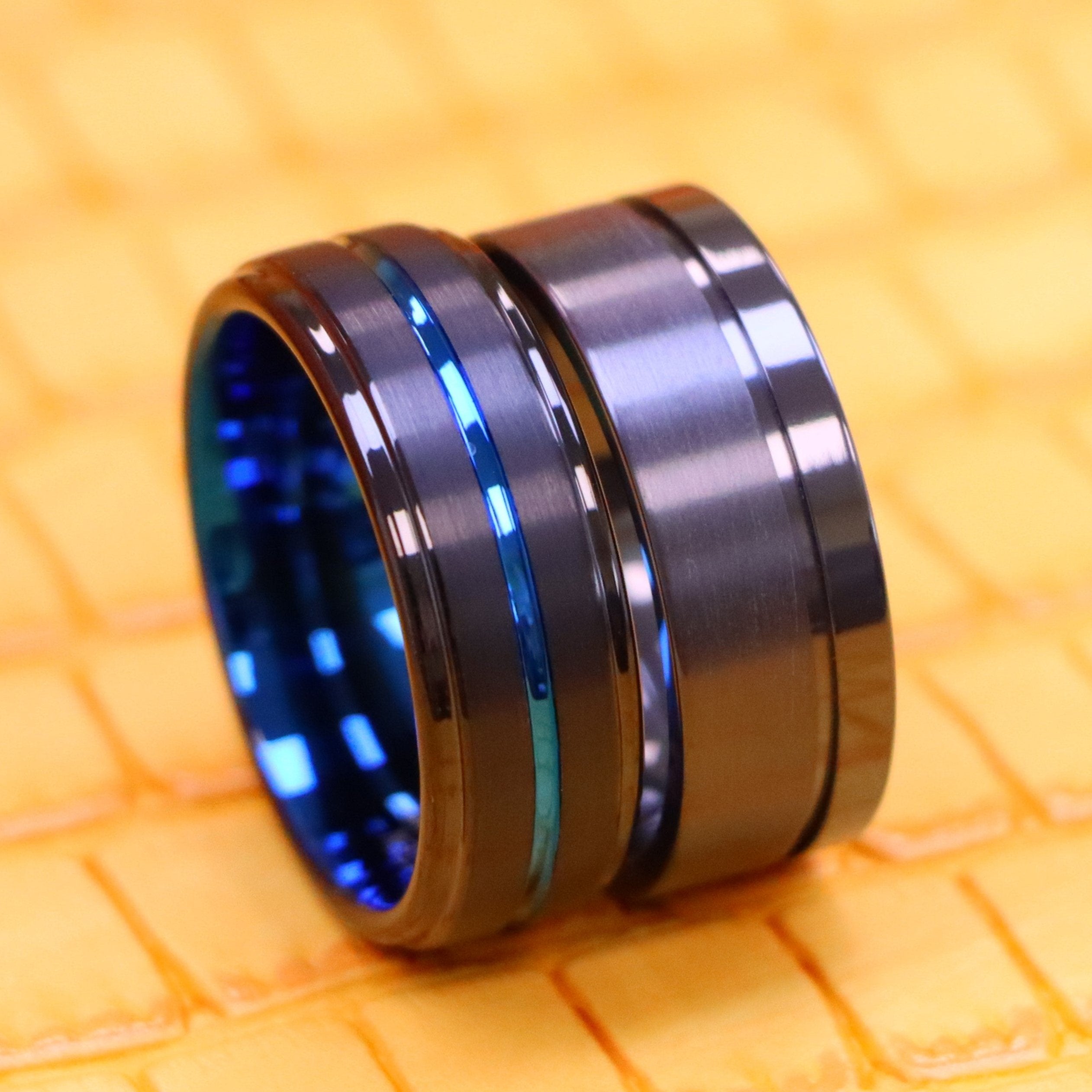 8mm Zirconium Natural Gun Metal Off-Center Groove Zirconium Ring, Black IP with Blue Grooved Center Stepped Edge Tungsten Ring