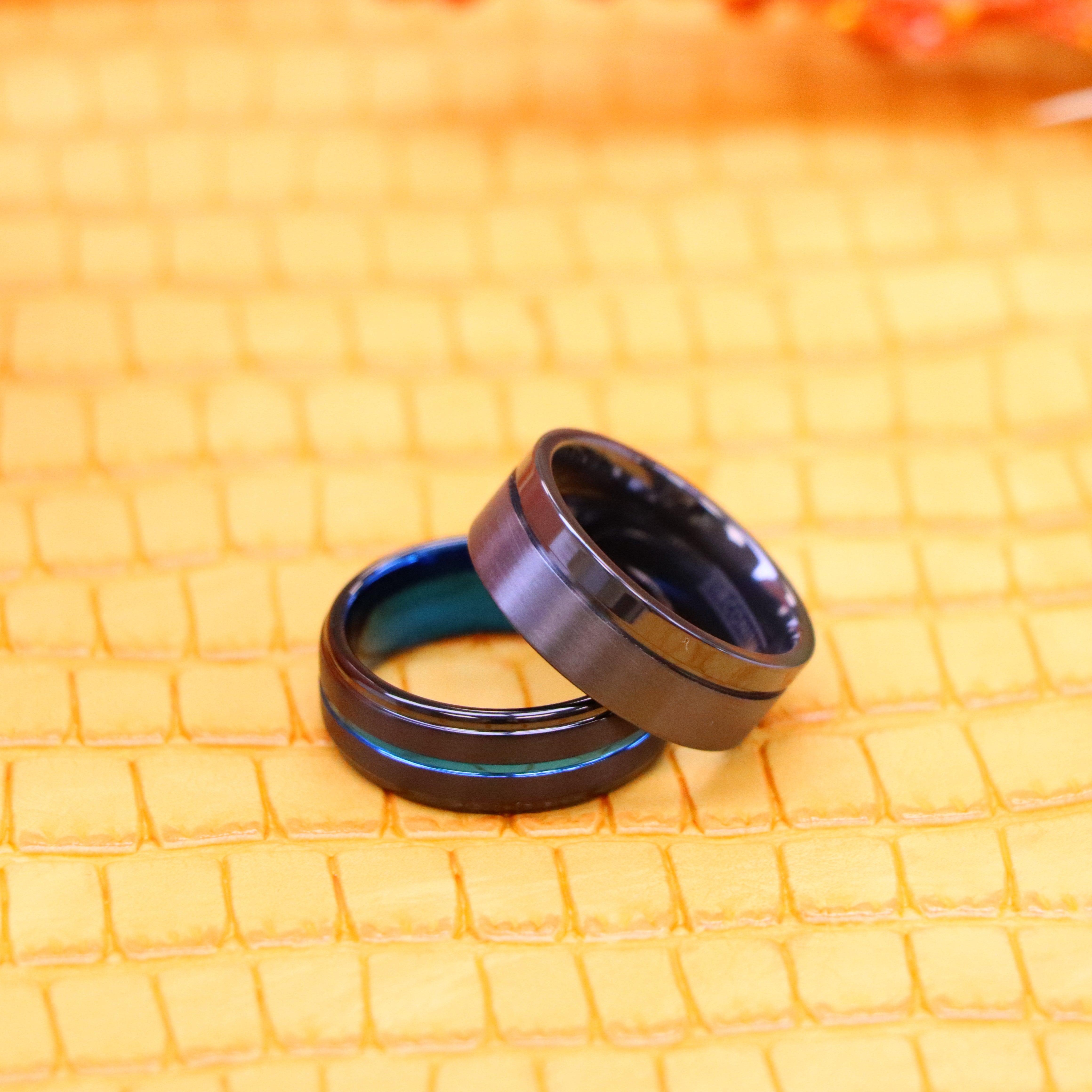 8mm Zirconium Natural Gun Metal Off-Center Groove Zirconium Ring, Black IP with Blue Grooved Center Stepped Edge Tungsten Ring