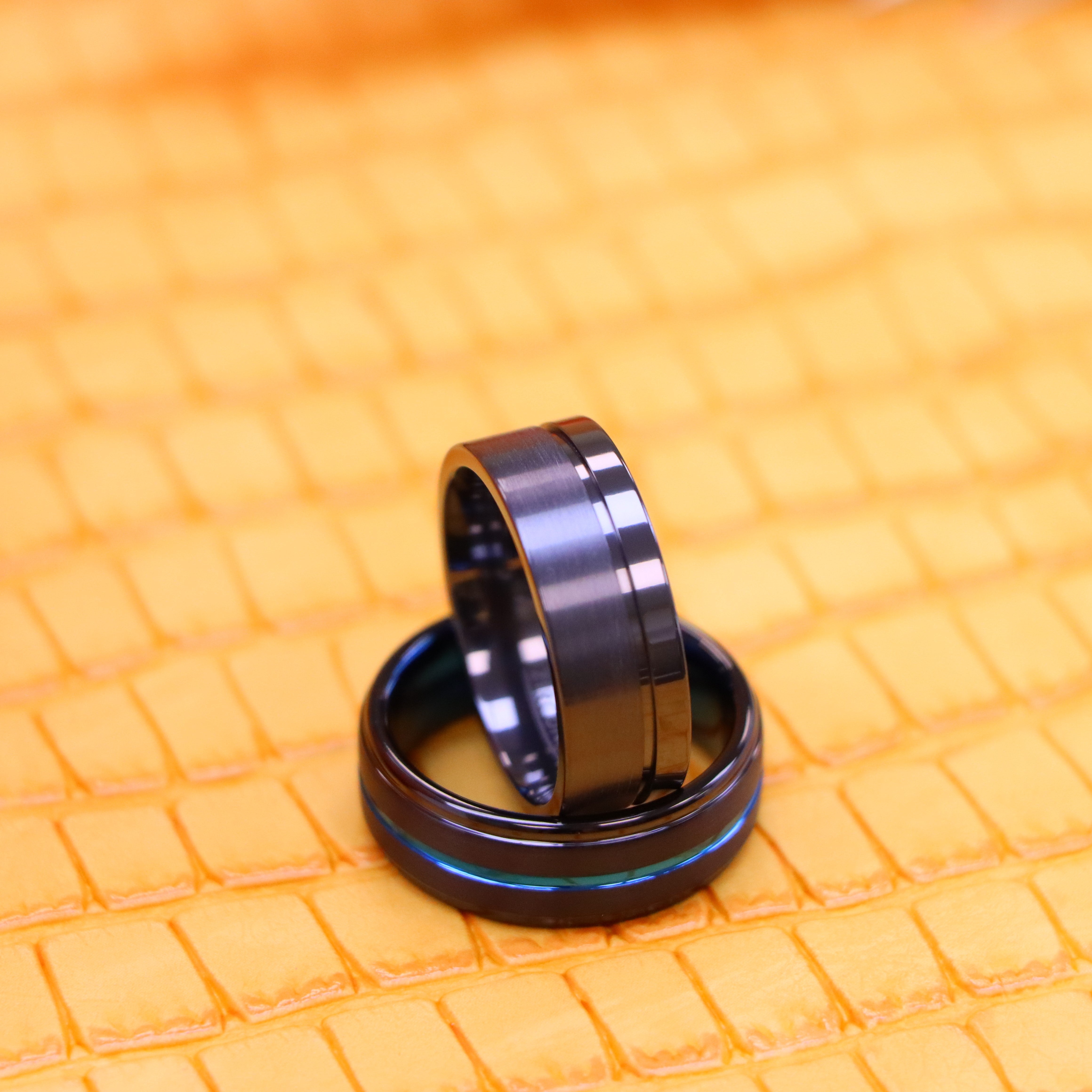 8mm Zirconium Natural Gun Metal Off-Center Groove Zirconium Ring, Black IP with Blue Grooved Center Stepped Edge Tungsten Ring