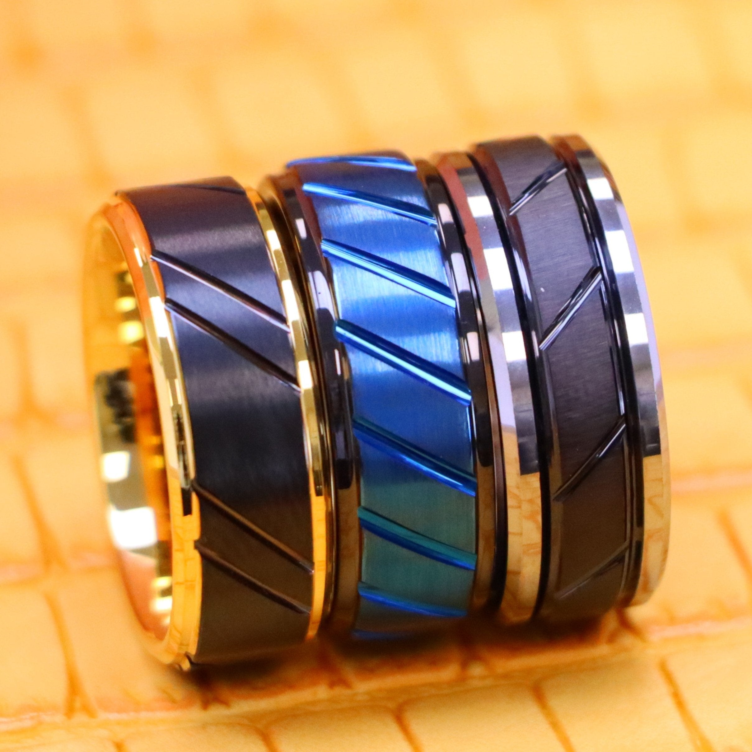 8mm Two-Tone Tungsten Ring with Black IP Center and Diagonal Grooves