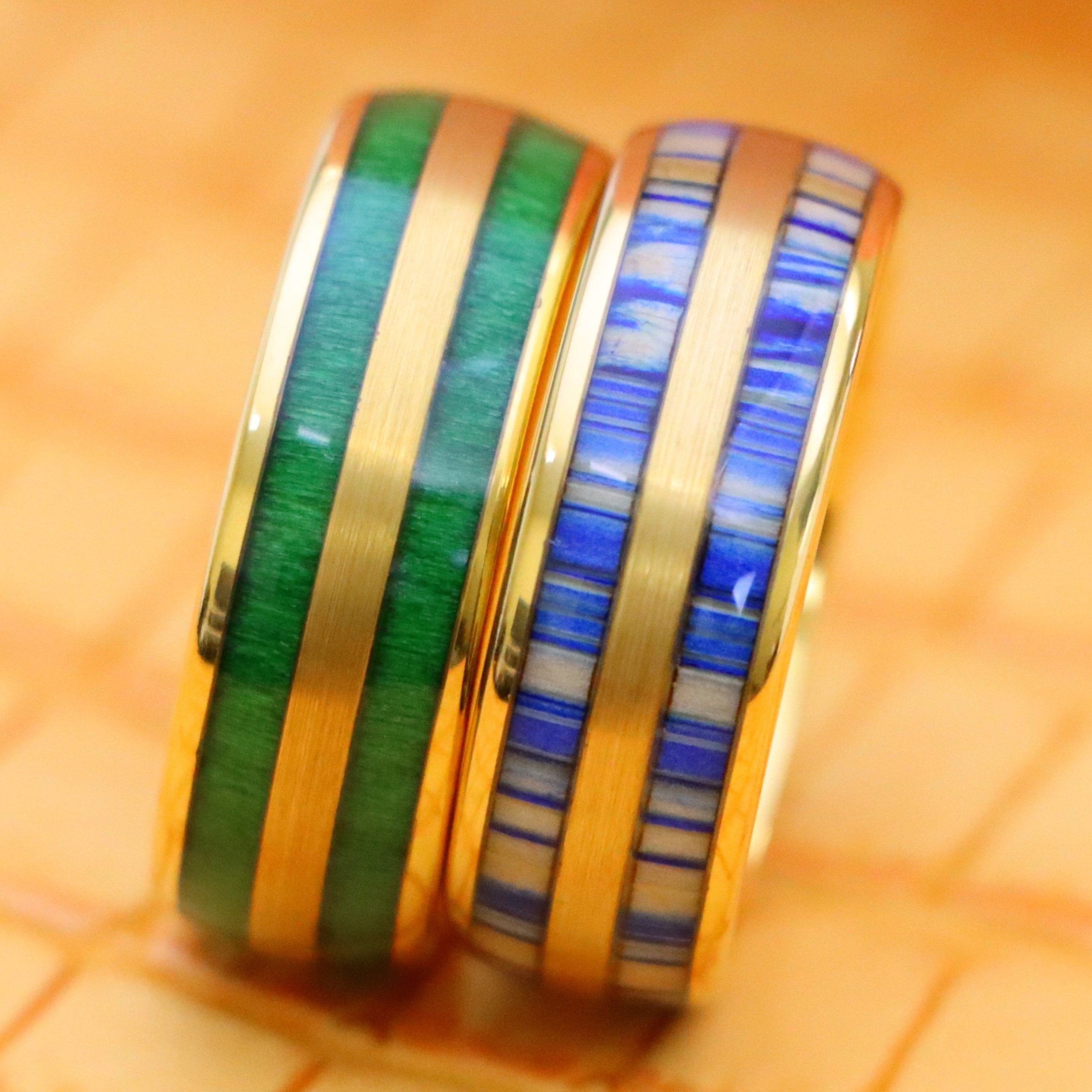 8mm Yellow Gold IP &amp; Indigo Blue Dyed Bamboo Inlay / Jade Wood Inlay Tungsten Ring