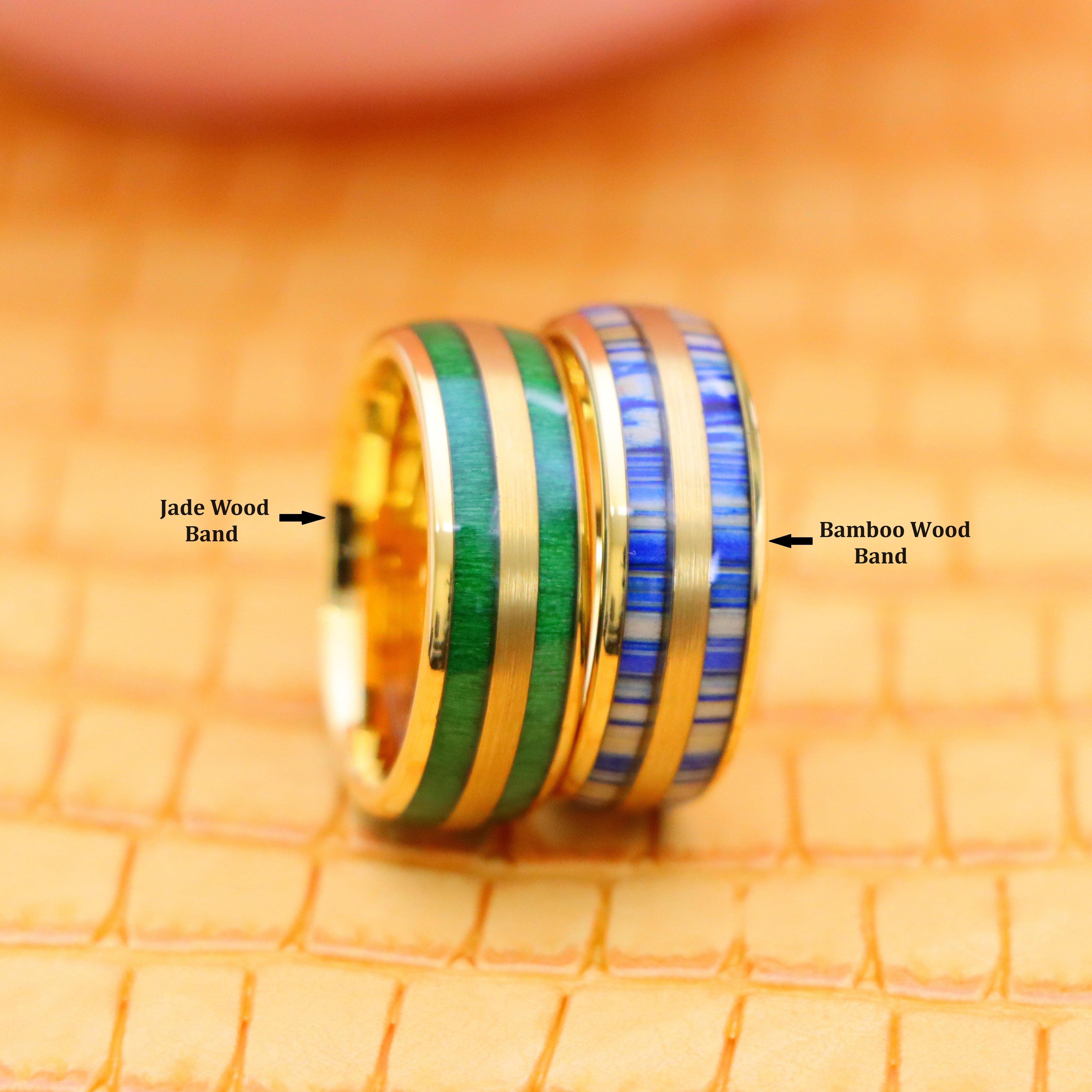 8mm Yellow Gold IP &amp; Indigo Blue Dyed Bamboo Inlay / Jade Wood Inlay Tungsten Ring