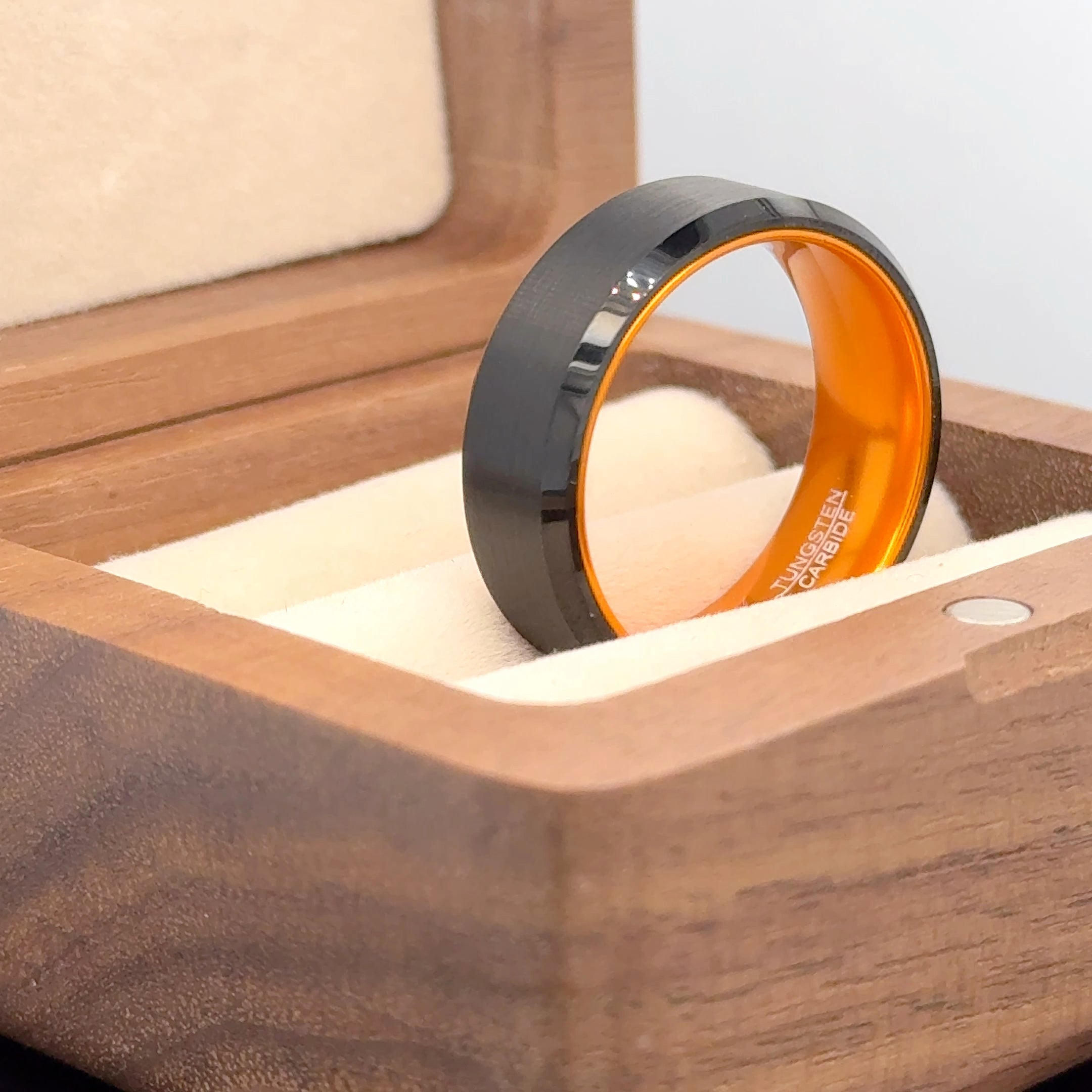 8mm Black Plated Beveled Edge with ORANGE Anodized Aluminum Sleeve Tungsten Ring, White Ceramic Sleeve Tungsten Ring