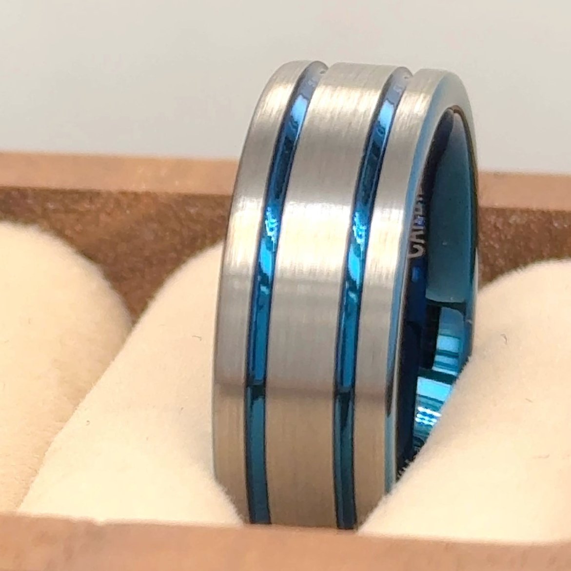 8mm Pipe Cut Blue IP Plated Double Striped Center Tungsten Ring