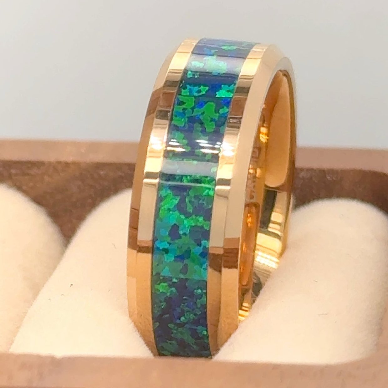 8mm Rose Gold IP Plated with Synthetic Emerald-Green Opal Inlay Tungsten Ring